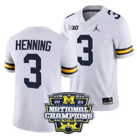 Men's Aj Henning Jersey #3 Michigan Wolverines Football 2023 National Champions Patch White