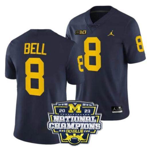 Men's Ronnie Bell Jersey #8 Michigan Wolverines Football 2023 National Champions Patch Navy