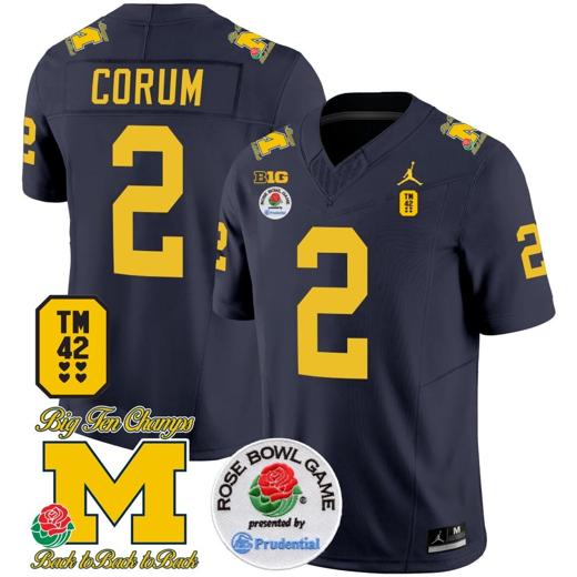 Men's Blake Corum Jersey #2 Michigan Wolverines Vapor TM 42 Honor – Rose Bowl Patch Football Navy