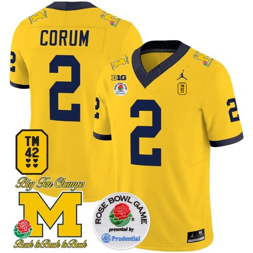 Men's Blake Corum Jersey #2 Michigan Wolverines Vapor TM 42 Honor – Rose Bowl Patch Football Maize