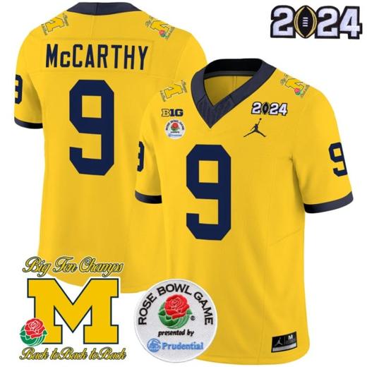 Men's JJ McCarthy Jersey #9 Vapor Limited - 2024 College Football Bowl + Rose Bowl Patch Maize