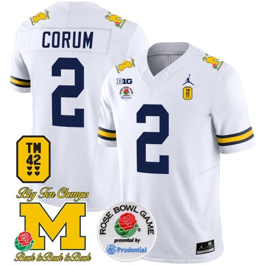 Men's Blake Corum Jersey #2 Michigan Wolverines Vapor TM 42 Honor – Rose Bowl Patch Football White