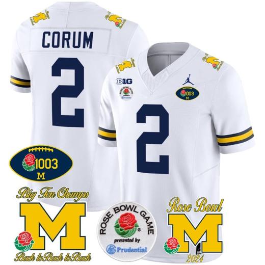 Men's Blake Corum Jersey #2 Michigan Wolverines Vapor 1003 Wins Rose Bowl Patch Football White