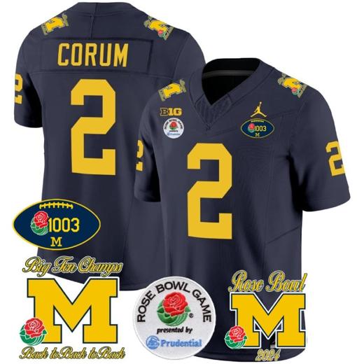 Men's Blake Corum Jersey #2 Michigan Wolverines Vapor 1003 Wins Rose Bowl Patch Football Navy