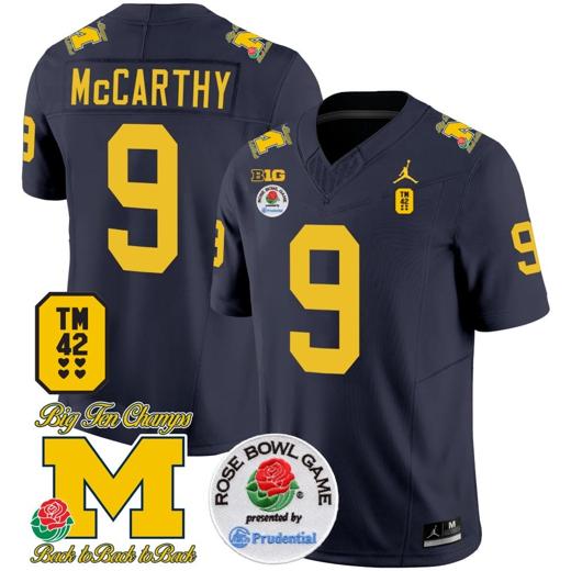 Men's JJ McCarthy Jersey #9 Michigan Wolverines Vapor TM 42 Honor – Rose Bowl Patch Football Navy