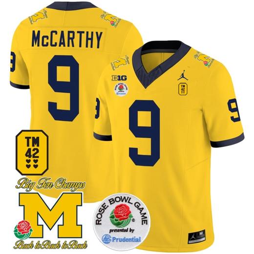 Men's JJ McCarthy Jersey #9 Michigan Wolverines Vapor TM 42 Honor – Rose Bowl Patch Football Maize