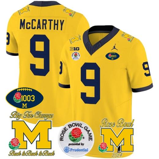 Men's JJ McCarthy Jersey #2 Michigan Wolverines Vapor 1003 Wins Rose Bowl Patch Football Maize