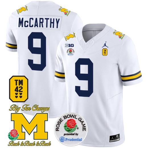 Men's JJ McCarthy Jersey #9 Michigan Wolverines Vapor TM 42 Honor – Rose Bowl Patch Football White