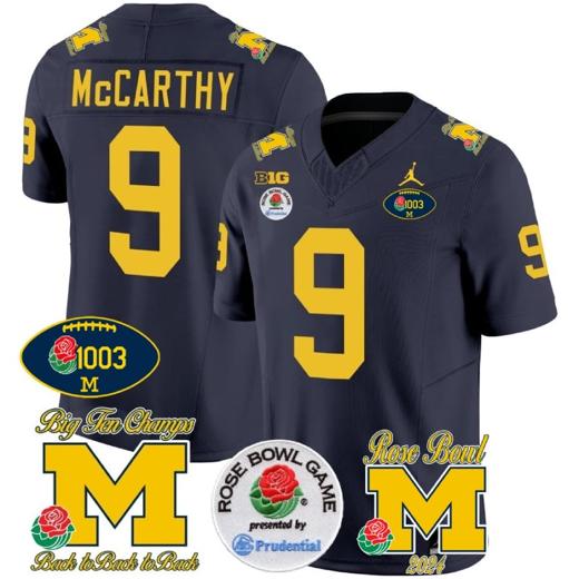 Men's JJ McCarthy Jersey #2 Michigan Wolverines Vapor 1003 Wins Rose Bowl Patch Football Navy