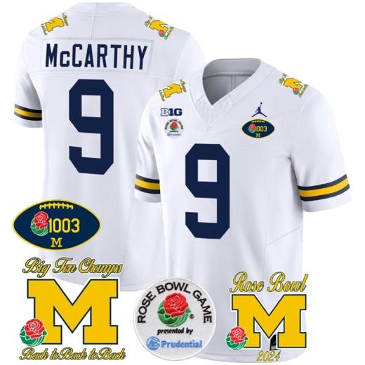 Men's JJ McCarthy Jersey #2 Michigan Wolverines Vapor 1003 Wins Rose Bowl Patch Football White