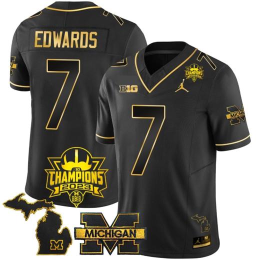 Men's Donovan Edwards Jersey #7 Michigan Wolverines 2023 Big Ten Champions Patch Stitched Black Gold