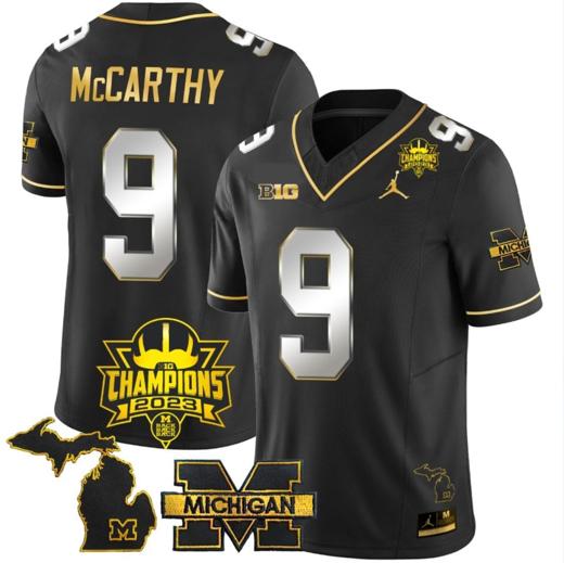 Men's JJ McCarthy Jersey #9 Michigan Wolverines 2023 Big Ten Champions Patch Stitched Black Limited