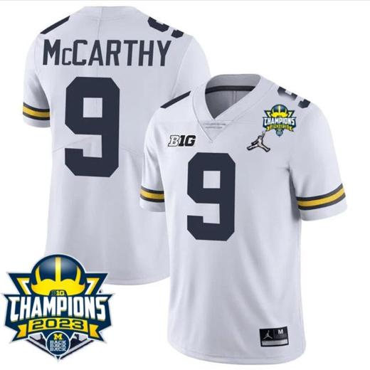 Men's JJ McCarthy Jersey #9 Michigan Wolverines 2023 Big Ten Champions Patch Stitched White