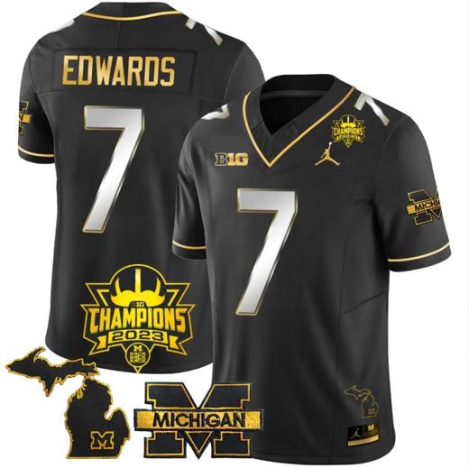 Men's Donovan Edwards Jersey #7 Michigan Wolverines 2023 Big Ten Champions Patch Stitched Black Limited