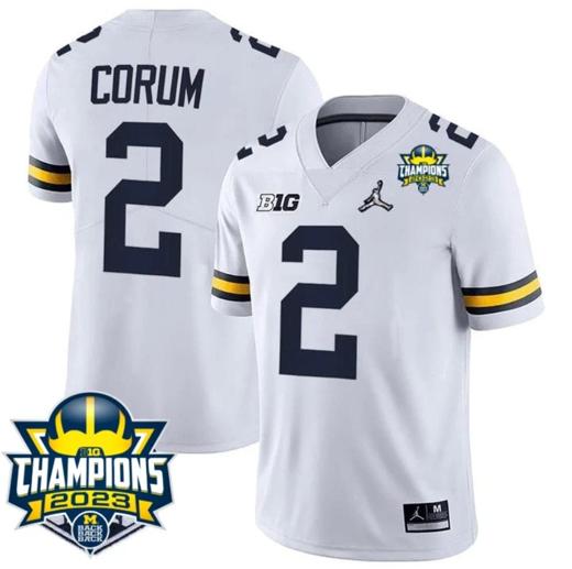 Men's Blake Corum Jersey #2 Michigan Wolverines 2023 Big Ten Champions Patch Stitched White