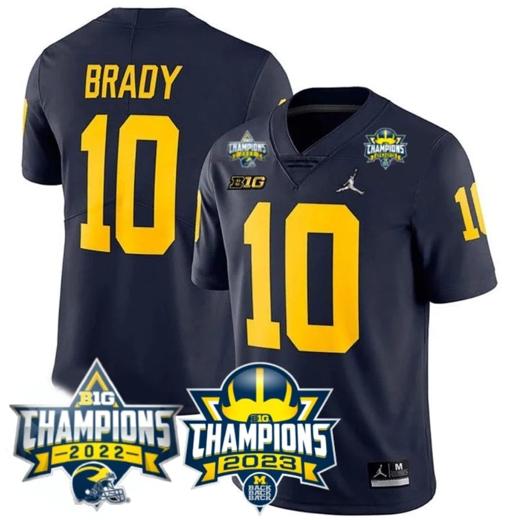 Men's Tom Brady Jersey #10 Michigan Wolverines 2023 Big Ten Back to Back Champions Patch Stitched Navy