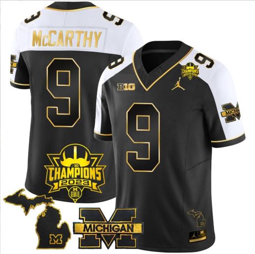 Men's JJ McCarthy Jersey #9 Michigan Wolverines 2023 Big Ten Champions Patch Stitched Gold Alternate