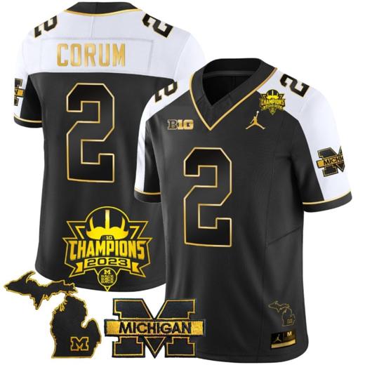 Men's Blake Corum Jersey #2 Michigan Wolverines 2023 Big Ten Champions Patch Stitched Gold Alternate