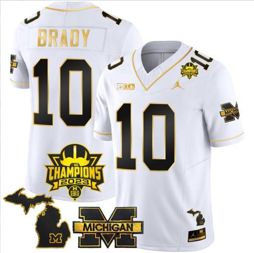 Men's Tom Brady Jersey #10 Michigan Wolverines 2023 Big Ten Champions Patch Stitched White Gold