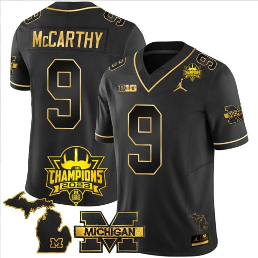 Men's JJ McCarthy Jersey #9 Michigan Wolverines 2023 Big Ten Champions Patch Stitched Black Gold