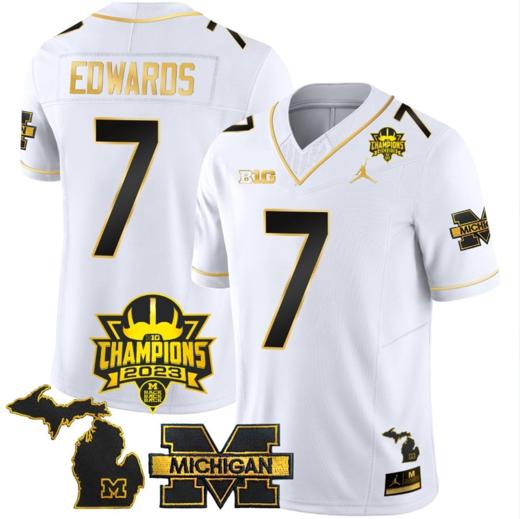 Men's Donovan Edwards Jersey #7 Michigan Wolverines 2023 Big Ten Champions Patch Stitched White Gold