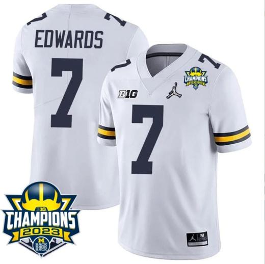 Men's Donovan Edwards Jersey #7 Michigan Wolverines 2023 Big Ten Champions Patch Stitched White