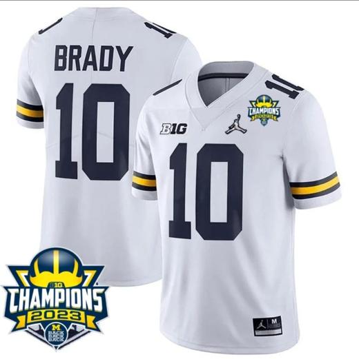 Men's Tom Brady Jersey #10 Michigan Wolverines 2023 Big Ten Champions Patch Stitched White