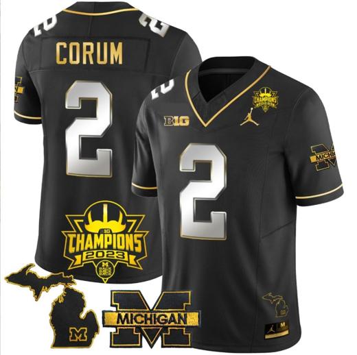 Men's Blake Corum Jersey #2 Michigan Wolverines 2023 Big Ten Champions Patch Stitched Black Limited