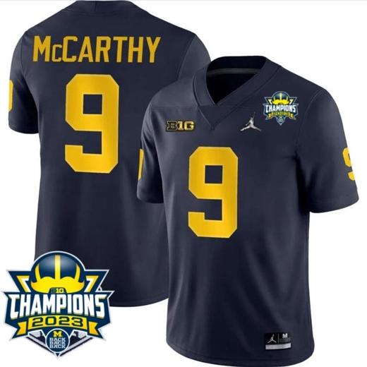 Men's JJ McCarthy Jersey #9 Michigan Wolverines 2023 Big Ten Champions Patch Stitched Navy