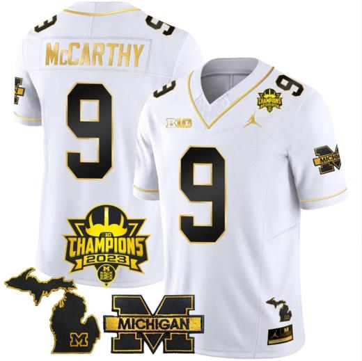 Men's JJ McCarthy Jersey #9 Michigan Wolverines 2023 Big Ten Champions Patch Stitched White Gold