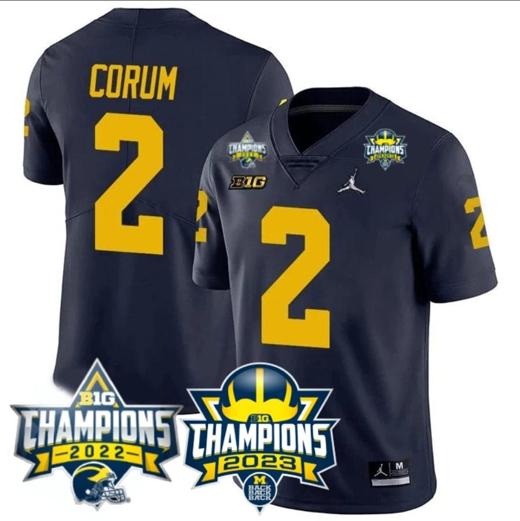 Men's Blake Corum Jersey #2 Michigan Wolverines 2023 Big Ten Back to Back Champions Patch Stitched Navy