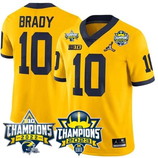 Men's Tom Brady Jersey #10 Michigan Wolverines 2023 Big Ten Back to Back Champions Patch Stitched Maize