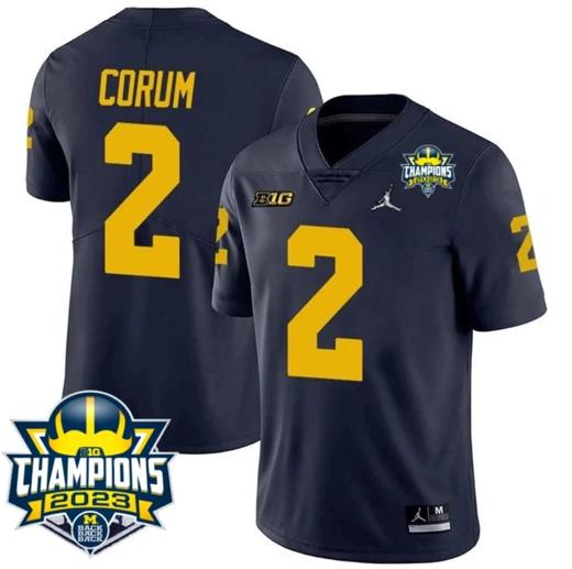 Men's Blake Corum Jersey #2 Michigan Wolverines 2023 Big Ten Champions Patch Stitched Navy