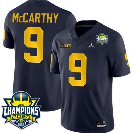 Men's JJ McCarthy Jersey #9 Michigan Wolverines 2023 Big Ten Back to Back Champions Patch Stitched Navy