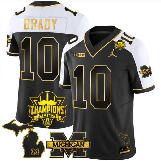 Men's Tom Brady Jersey #10 Michigan Wolverines 2023 Big Ten Champions Patch Stitched Gold Alternate