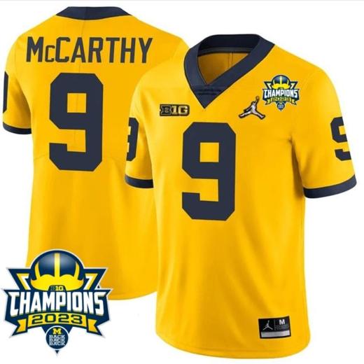 Men's JJ McCarthy Jersey #9 Michigan Wolverines 2023 Big Ten Champions Patch Stitched Maize