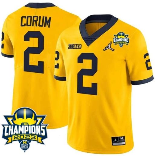 Men's Blake Corum Jersey #2 Michigan Wolverines 2023 Big Ten Champions Patch Stitched Maize