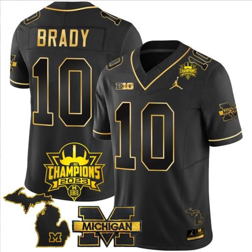 Men's Tom Brady Jersey #10 Michigan Wolverines 2023 Big Ten Champions Patch Stitched Black Gold