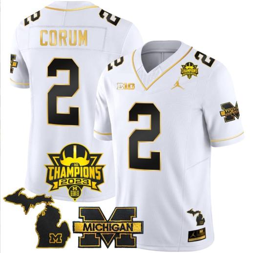 Men's Blake Corum Jersey #2 Michigan Wolverines 2023 Big Ten Champions Patch Stitched White Gold