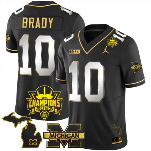 Men's Tom Brady Jersey #10 Michigan Wolverines 2023 Big Ten Champions Patch Stitched Black Limited