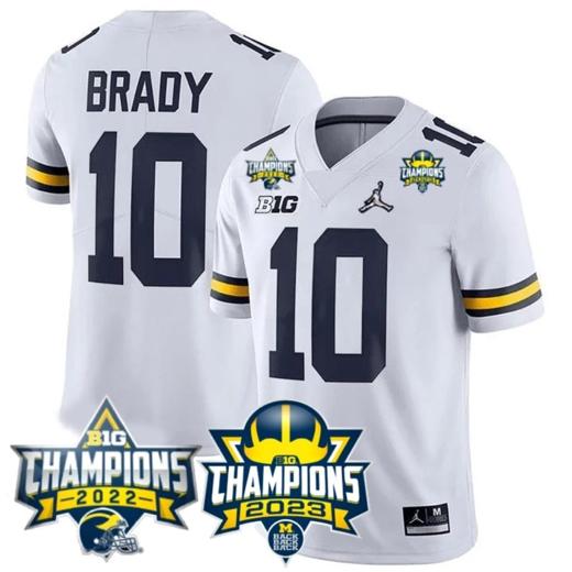 Men's Tom Brady Jersey #10 Michigan Wolverines 2023 Big Ten Back to Back Champions Patch Stitched White