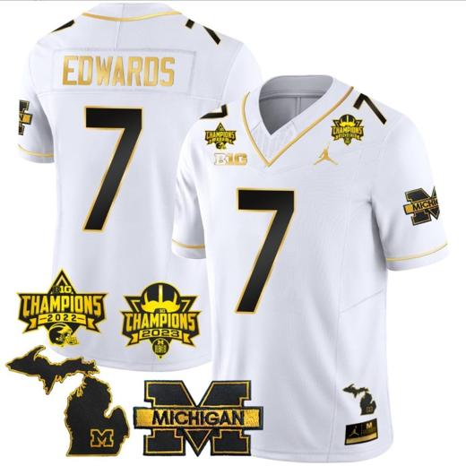 Men's Donovan Edwards Jersey #7 Michigan Wolverines 2023 Big Ten Back to Back Champions Patch Stitched White Gold