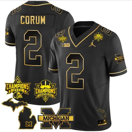 Men's Blake Corum Jersey #2 Michigan Wolverines 2023 Big Ten Back to Back Champions Patch Stitched Black Gold