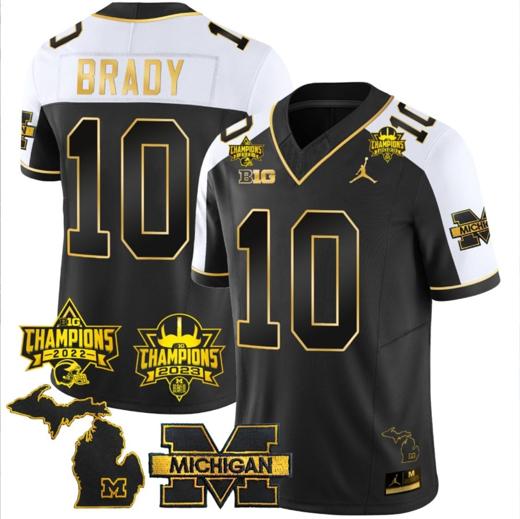 Men's Tom Brady Jersey #10 Michigan Wolverines 2023 Big Ten Back to Back Champions Patch Stitched Gold Alternate