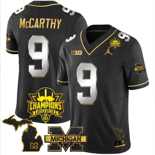 Men's JJ McCarthy Jersey #9 Michigan Wolverines 2023 Big Ten Back to Back Champions Patch Stitched Black Limited