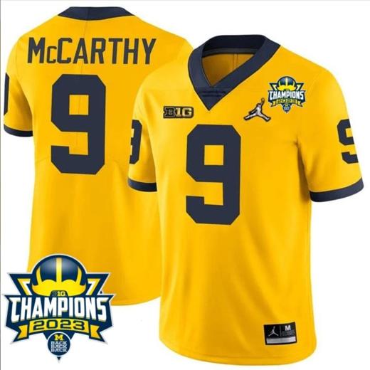 Men's JJ McCarthy Jersey #9 Michigan Wolverines 2023 Big Ten Back to Back Champions Patch Stitched Maize