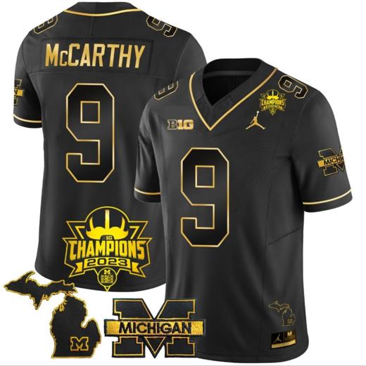 Men's JJ McCarthy Jersey #9 Michigan Wolverines 2023 Big Ten Back to Back Champions Patch Stitched Black Gold