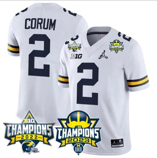 Men's Blake Corum Jersey #2 Michigan Wolverines 2023 Big Ten Back to Back Champions Patch Stitched White