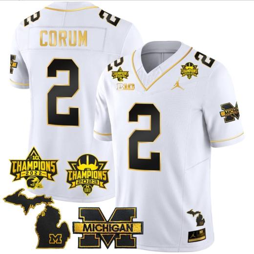 Men's Blake Corum Jersey #2 Michigan Wolverines 2023 Big Ten Back to Back Champions Patch Stitched White Gold