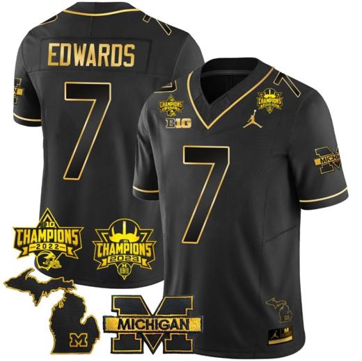 Men's Donovan Edwards Jersey #7 Michigan Wolverines 2023 Big Ten Back to Back Champions Patch Stitched Black Gold